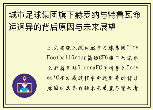 城市足球集团旗下赫罗纳与特鲁瓦命运迥异的背后原因与未来展望 城市足球集团旗下赫罗纳与特鲁瓦命运迥异的背后原因与未来展望